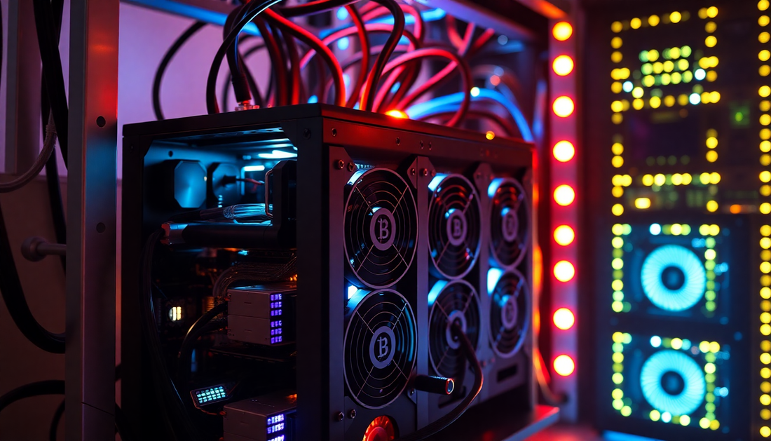 A Bitcoin miner rig with glowing crypto hardware