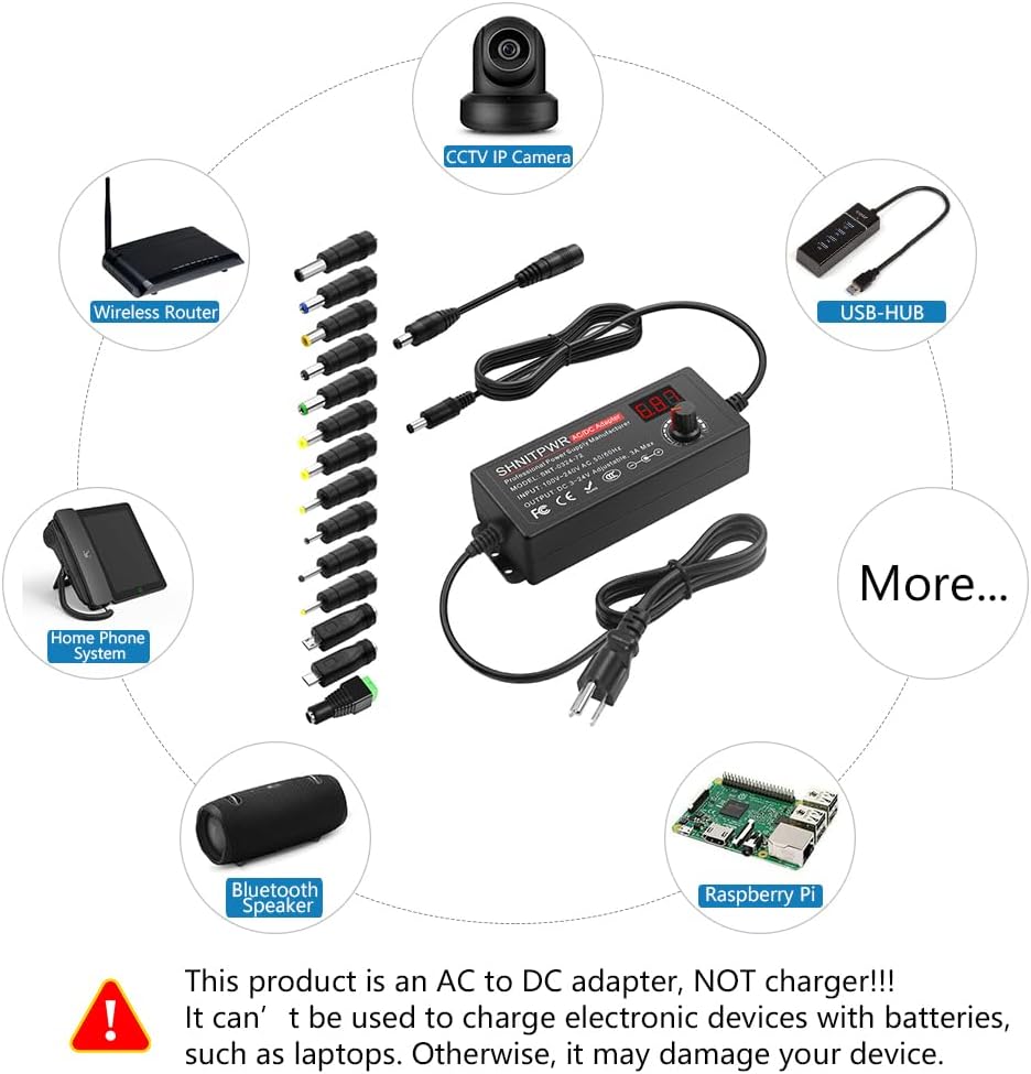 SHNITPWR 3V ~ 24V 3A 72W Power Supply Adjustable DC 3V 5V 6V 9V 12V 15V 16V 18V 19V 20V 24V Variable Universal AC/DC Adapter 100V-240V AC to DC Converter with 14 Tips 5.5x2.5mm 4.0x1.7mm 3.5x1.35mm