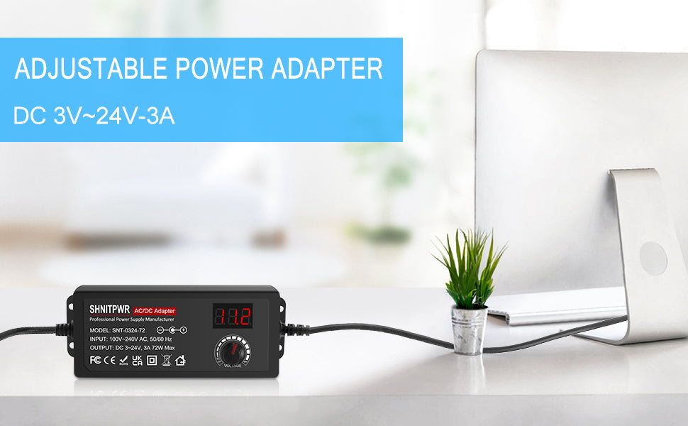 SHNITPWR 3V ~ 24V 3A 72W Power Supply Adjustable DC 3V 5V 6V 9V 12V 15V 16V 18V 19V 20V 24V Variable Universal AC/DC Adapter 100V-240V AC to DC Converter with 14 Tips 5.5x2.5mm 4.0x1.7mm 3.5x1.35mm