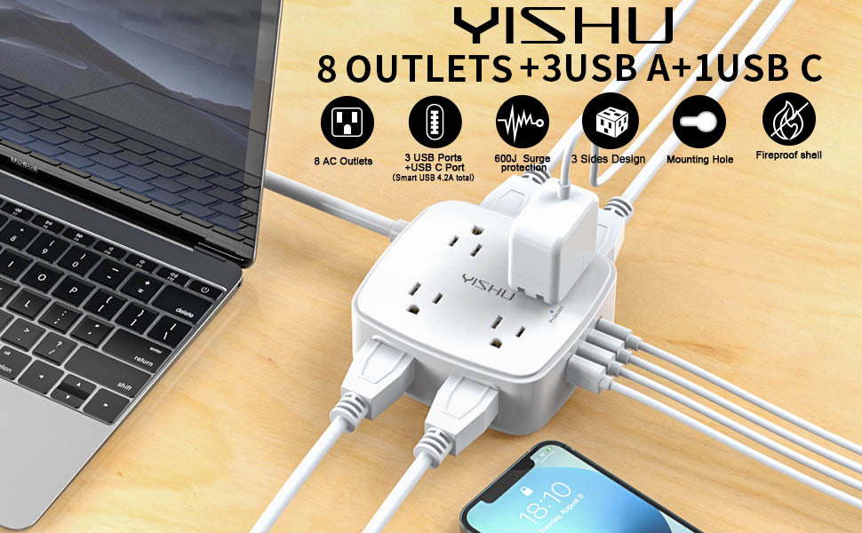 6 Ft Surge Protector Power Strip - 8 Widely Outlets with 4 USB Ports, 3 Side Outlet Extender with 6 Feet Extension Cord, Flat Plug, Wall Mount, Desk USB Charging Station, ETL,White