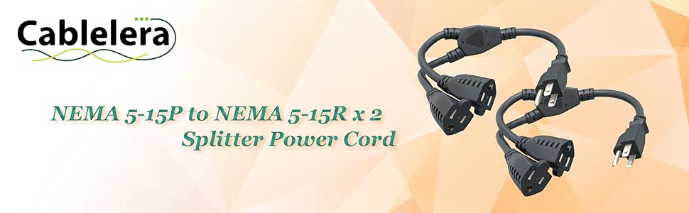 ZADA36PQ-Y-P2 Power Cord Extension & Splitter, NEMA 5-15P to NEMA 5-15R x 2, 13A, 125V (Black)