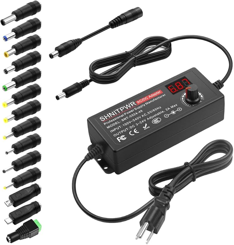 SHNITPWR Universal AC to DC Adapter 3V ~ 24V 2A 48W Switching Power Supply 3V 5V 6V 9V 12V 15V 18V 19V 20V 24V 1A 1.5A 2 Amps Adjustable AC/DC Converter Transformer with 14 Tips & Polarity Converter