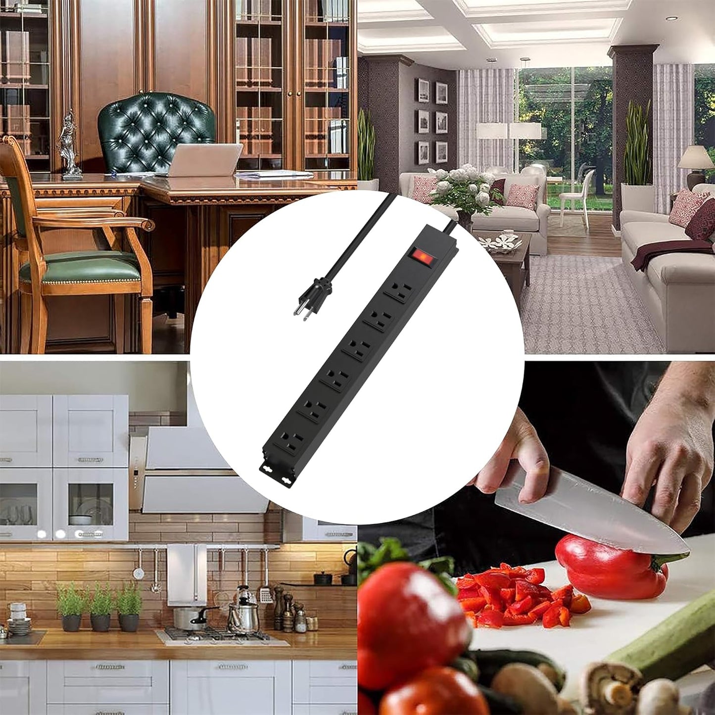 Power Strip with 6AC Outlets 6 Ft UL 14AWG Cord Straight Plug,Metal Wall Mount Heavy Duty Power Strip with Switch for Commercial,Industrial,School and Home,15A/125V/1875W,Black(6FT)