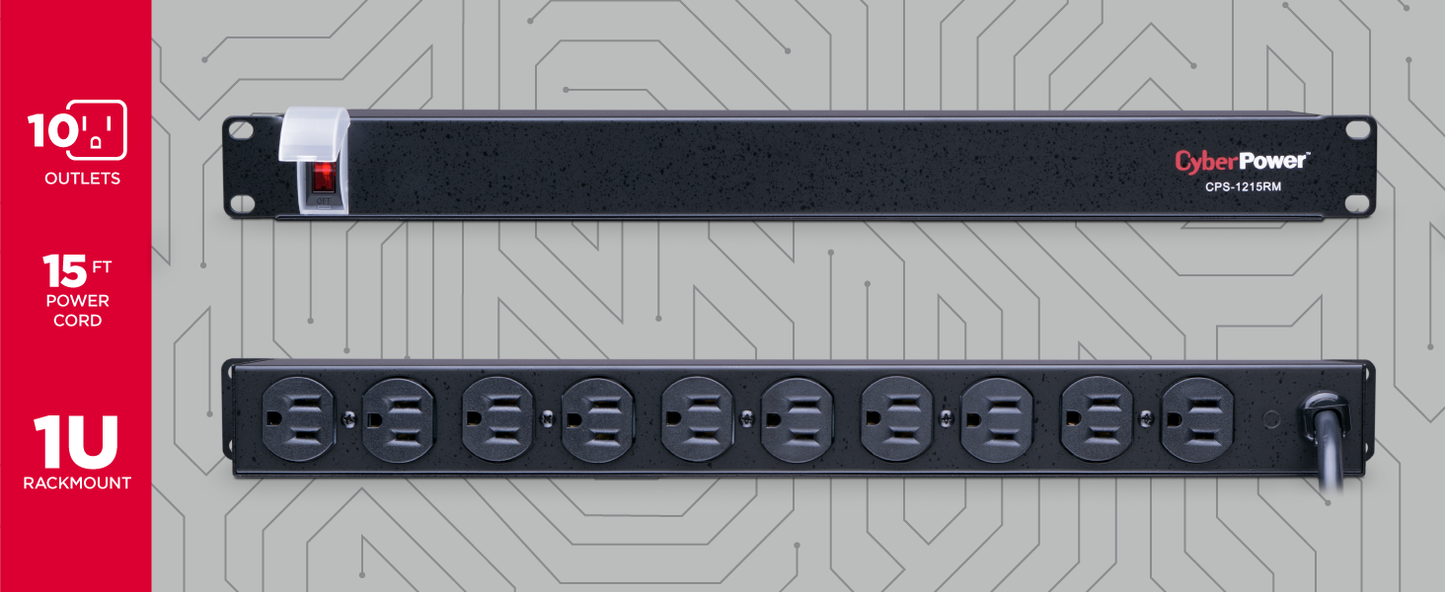 CyberPower CPS1215RM Basic PDU, 100-125V/15A, 10 Outlets, 15ft Power Cord, 1U Rackmount