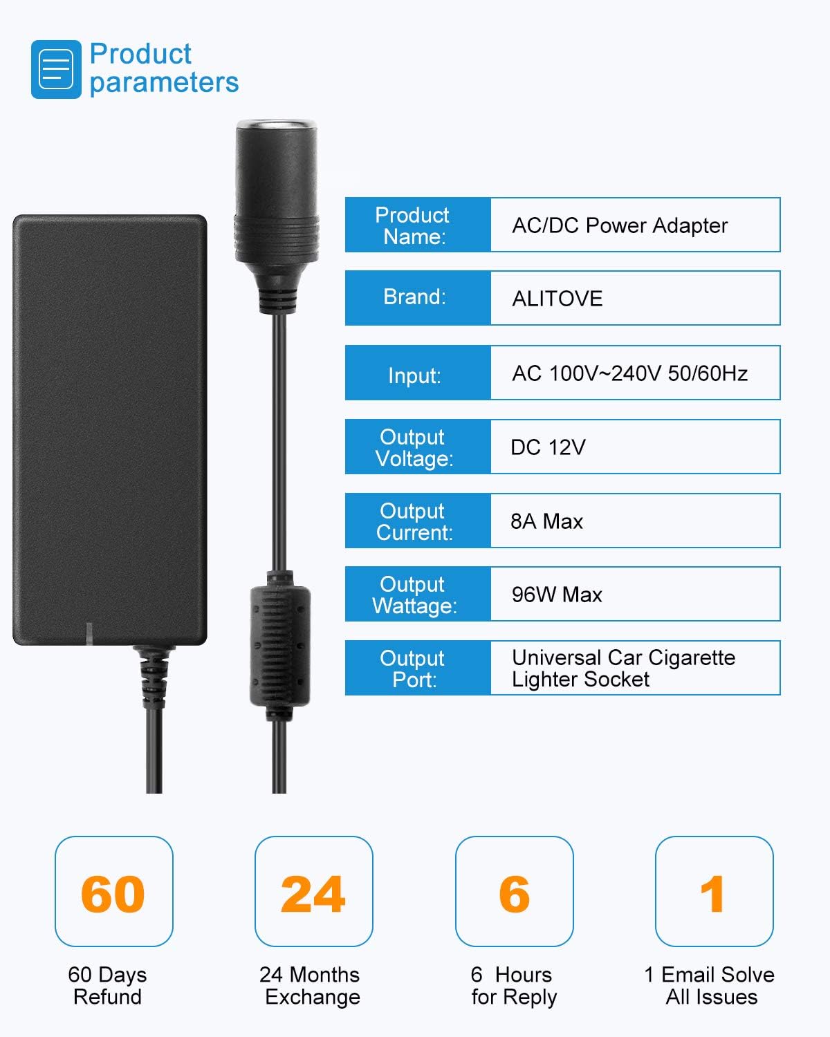 ALITOVE AC to DC Converter 110V to 12V 8A, 120V to 12V Power Supply Cigarette Lighter Adapter to Wall Plug AC to DC Adapter for Small Car Vacuum Air Pump Cooler Massager and Other Devices Under 96W