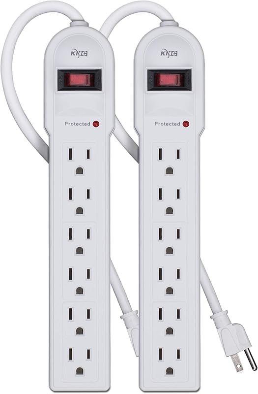 KMC 6-Outlet Surge Protector Power Strip 2-Pack, 900 Joules, 4-Foot Extension Cord, Overload Protection, Black