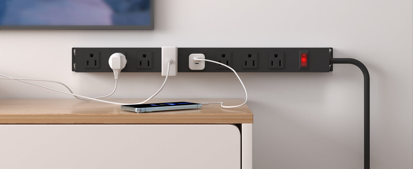 Power Strip with 6AC Outlets 6 Ft UL 14AWG Cord Straight Plug,Metal Wall Mount Heavy Duty Power Strip with Switch for Commercial,Industrial,School and Home,15A/125V/1875W,Black(6FT)