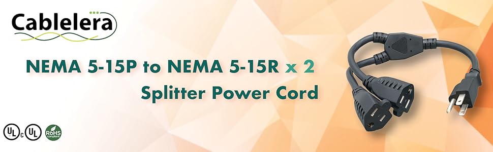 Power Cord Extension and Splitter, NEMA 5-15P to NEMA 5-15R x 2, 16 AWG, 13A, 125V (ZWACPQAG-14) Black