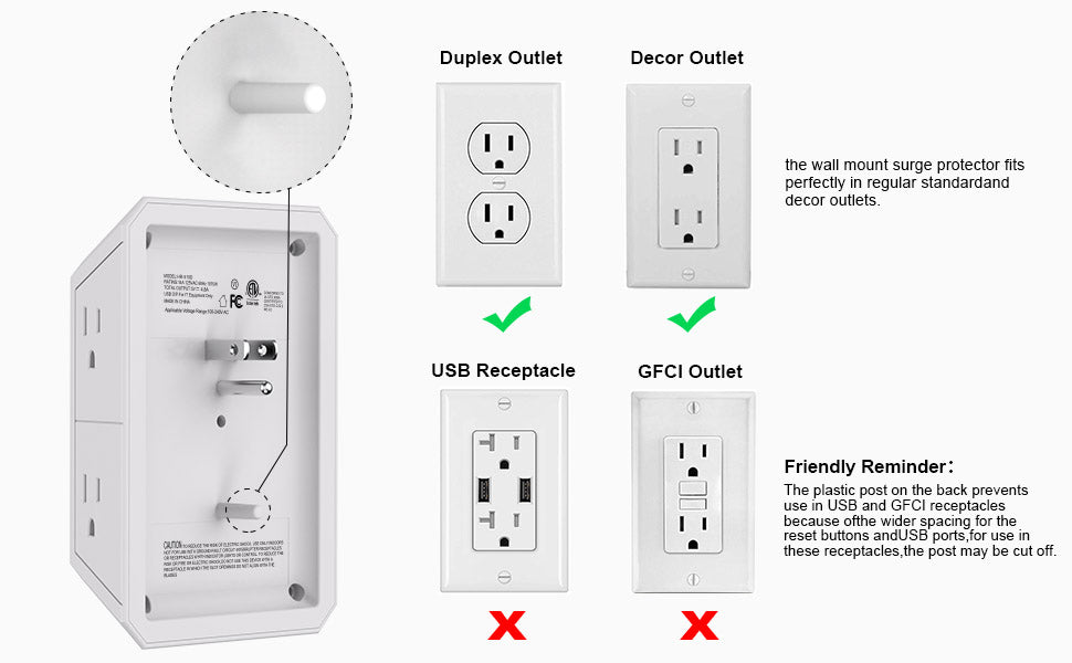 Wall Charger, Surge Protector, QINLIANF 5 Outlet Extender with 4 USB Charging Ports (4.8A Total) 3-Sided 1680J Power Strip Multi Plug Adapter Spaced for Home Travel Office (3U1C)
