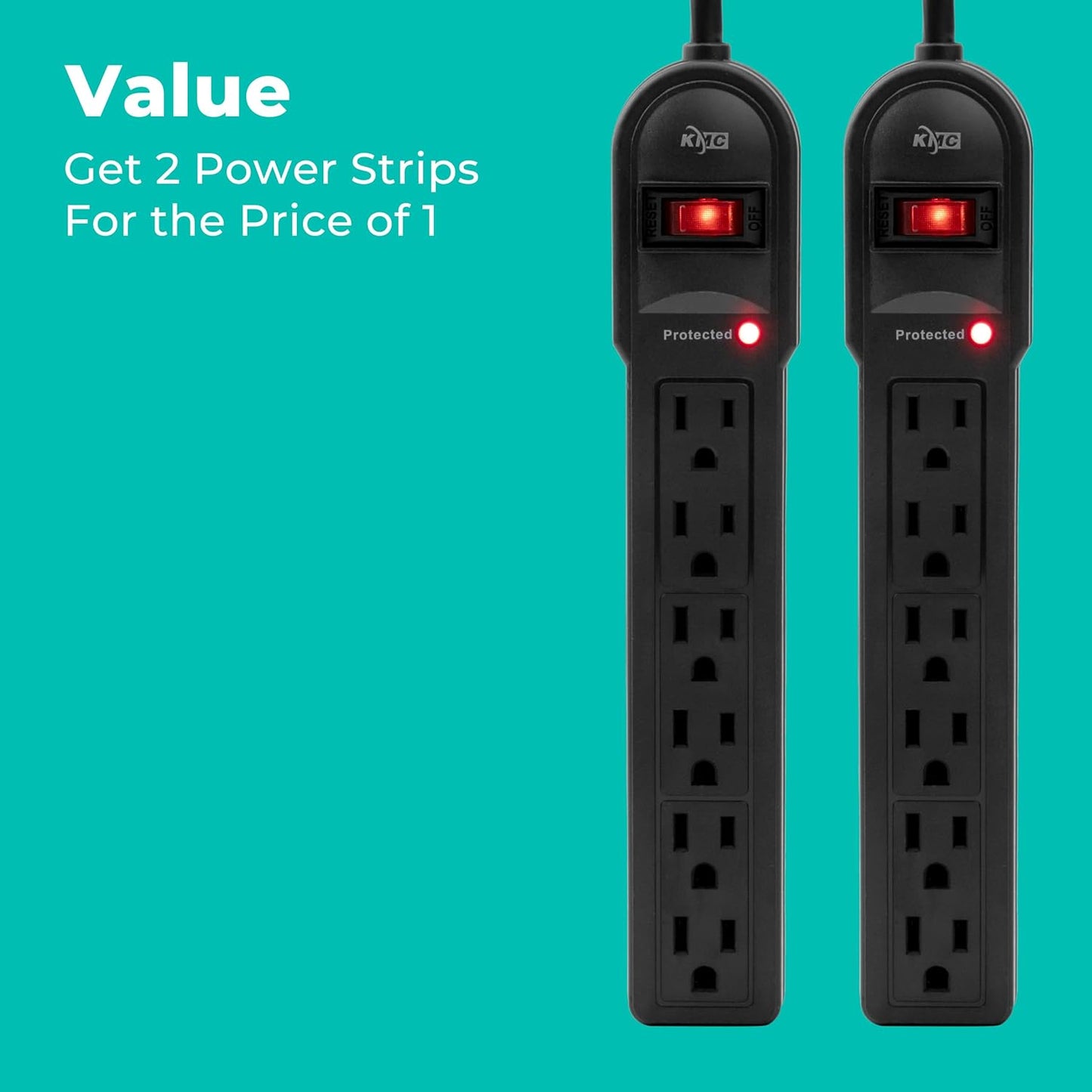 KMC 6-Outlet Surge Protector Power Strip 2-Pack, 900 Joules, 4-Foot Extension Cord, Overload Protection, Black