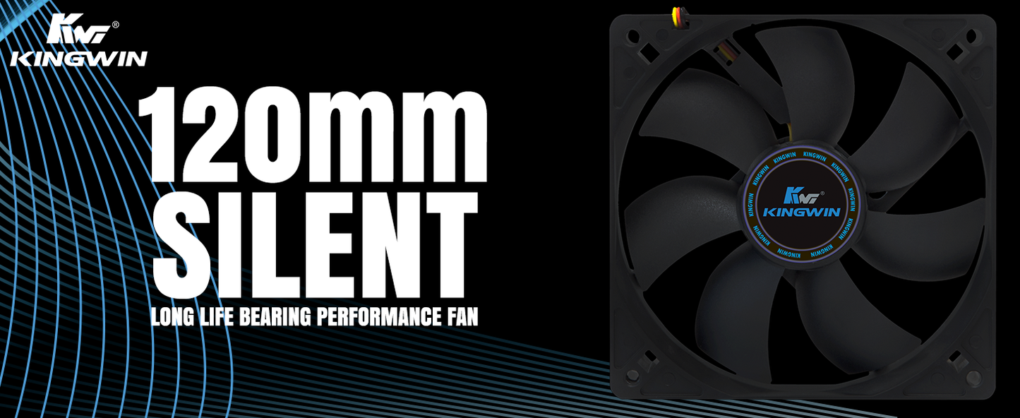 Kingwin 120mm Silent Fan for PC Cases, CPU Coolers, Mining Rigs – Quiet Computer Cooling Fan with Long Life Sleeve Bearing, High Airflow Ventilation – Black CF-012LB