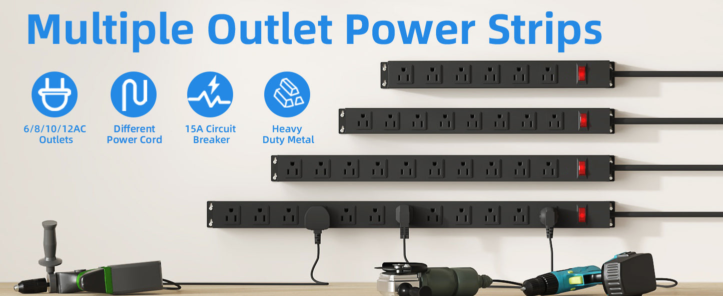 Power Strip with 6AC Outlets 6 Ft UL 14AWG Cord Straight Plug,Metal Wall Mount Heavy Duty Power Strip with Switch for Commercial,Industrial,School and Home,15A/125V/1875W,Black(6FT)
