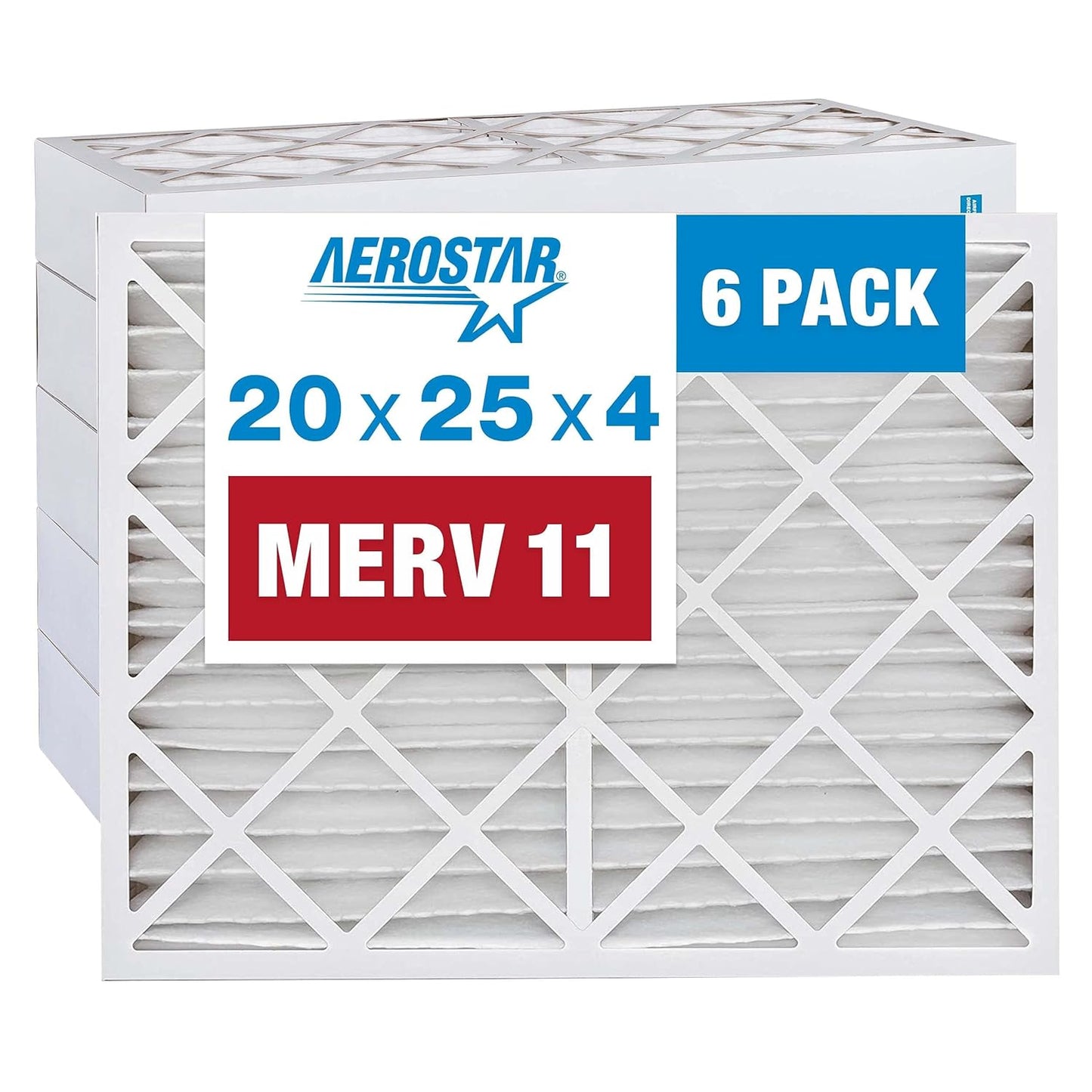 Aerostar 20x25x4 MERV 11 - 6 Count - Pleated HVAC, Furnace & Air Conditioner Filters - Removes Dust, Cold & Flu Germs, Lint, Mold, Pet Dander, Allergy-Causing Pollen, Smog & Smoke