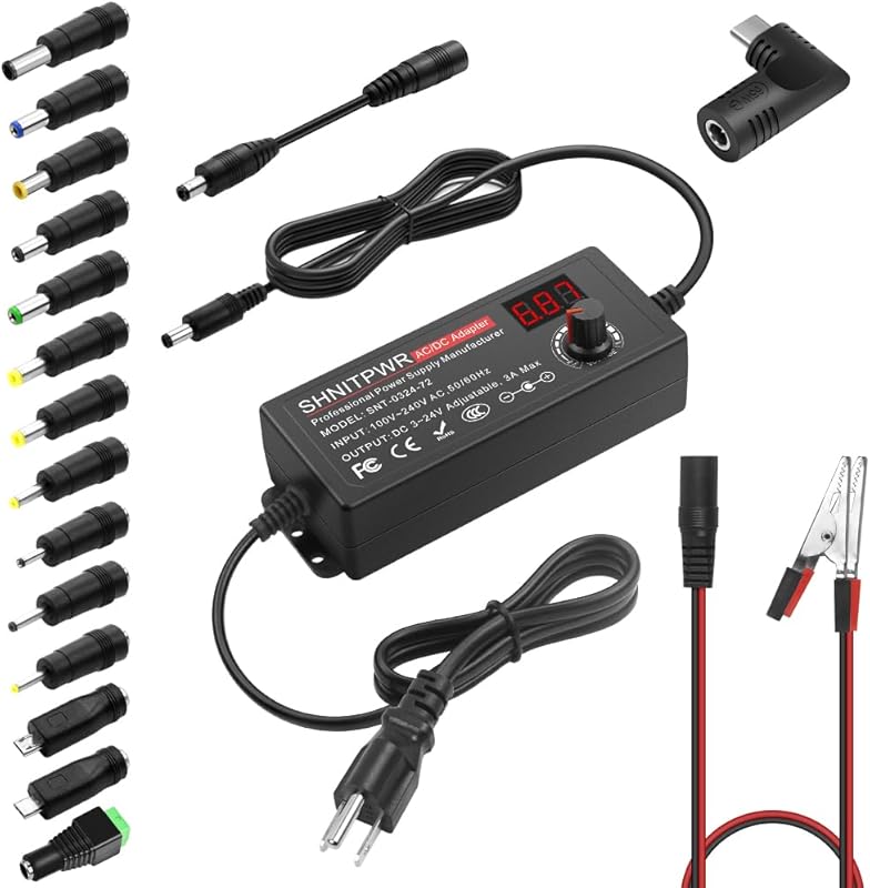 SHNITPWR 3V ~ 24V 3A 72W Power Supply Adjustable DC 3V 5V 6V 9V 12V 15V 16V 18V 19V 20V 24V Variable Universal AC/DC Adapter 100V-240V AC to DC Converter with 14 Tips 5.5x2.5mm 4.0x1.7mm 3.5x1.35mm