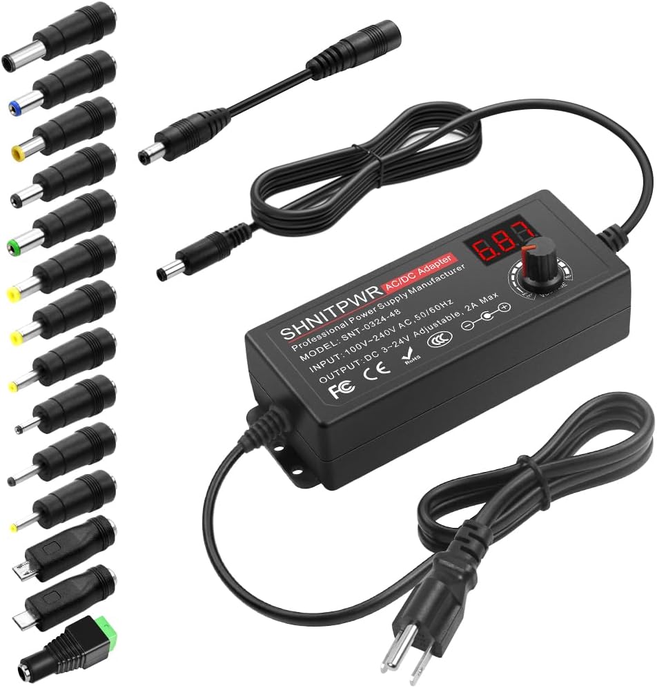 SHNITPWR Universal AC to DC Adapter 3V ~ 24V 2A 48W Switching Power Supply 3V 5V 6V 9V 12V 15V 18V 19V 20V 24V 1A 1.5A 2 Amps Adjustable AC/DC Converter Transformer with 14 Tips & Polarity Converter