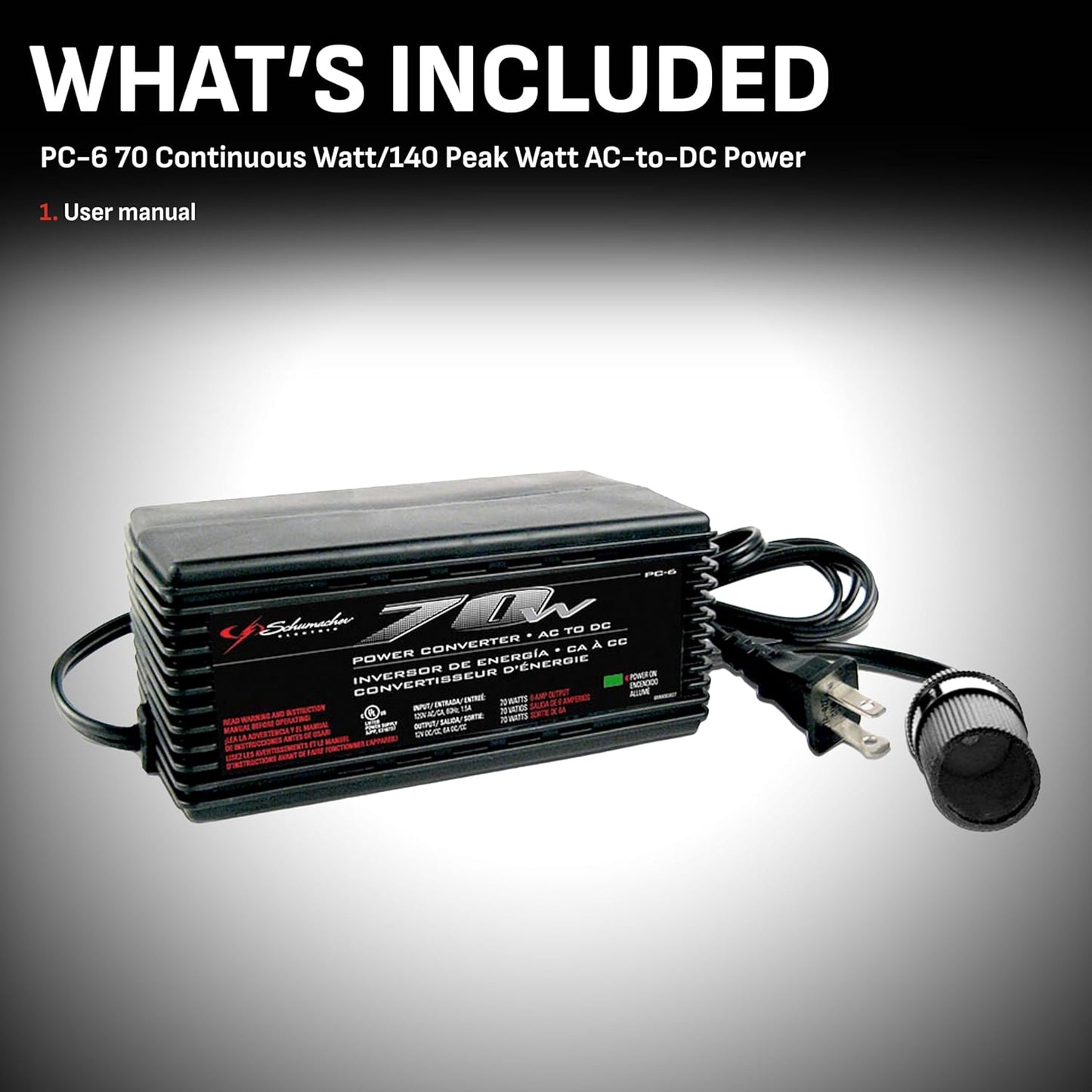 Schumacher Electric AC to DC Power Converter, PC-6, 70 Continuous Watts, 140 Peak Watts, 12 Volt DC Accessory Port, Plugs into Household AC Outlets
