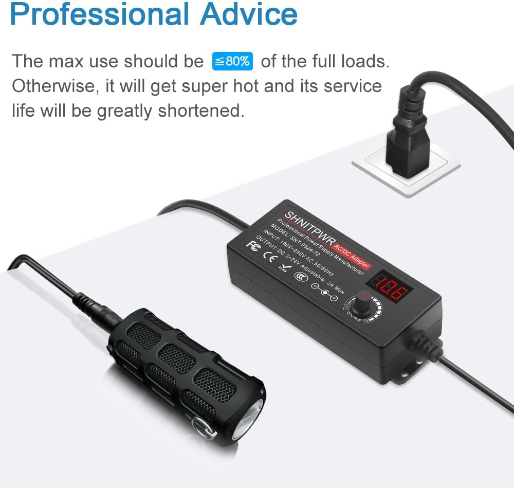 SHNITPWR 3V ~ 24V 3A 72W Power Supply Adjustable DC 3V 5V 6V 9V 12V 15V 16V 18V 19V 20V 24V Variable Universal AC/DC Adapter 100V-240V AC to DC Converter with 14 Tips 5.5x2.5mm 4.0x1.7mm 3.5x1.35mm