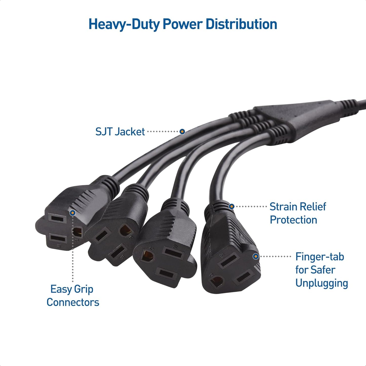 Cable Matters 2-Pack 4 Outlet Power Splitter Cord - 1.5ft, NEMA 5-15P to NEMA 5-15R Y Power Cord Splitter, 16 AWG Outlet Saver, 4 Way ExtensionCord, 1.5 Feet