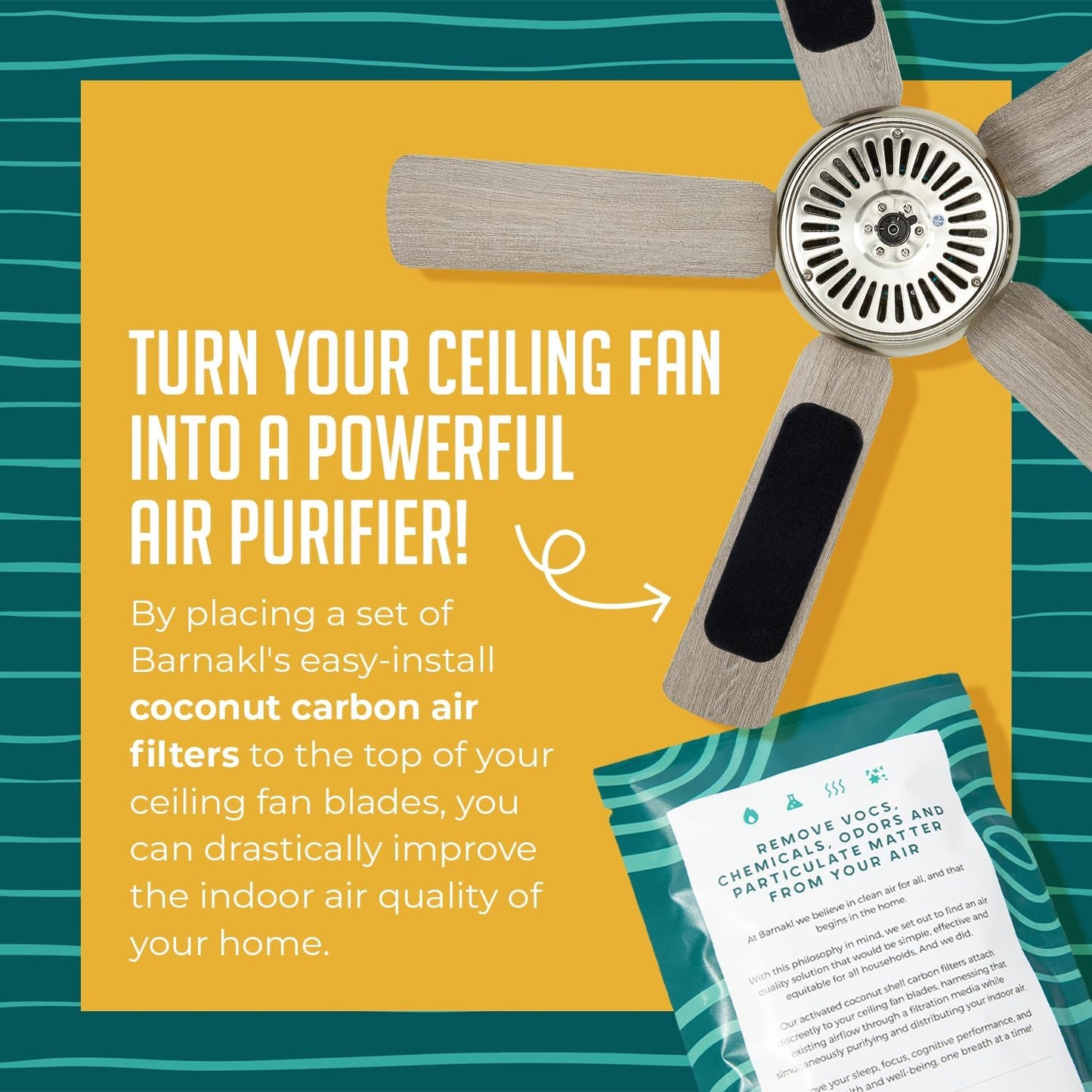 Ceiling Fan Filters | Activated Coconut Shell Carbon Ceiling Fan Blade Filters for Common Household Contaminants | Easy-Stick Universal Fit, Unscented (3-Count)