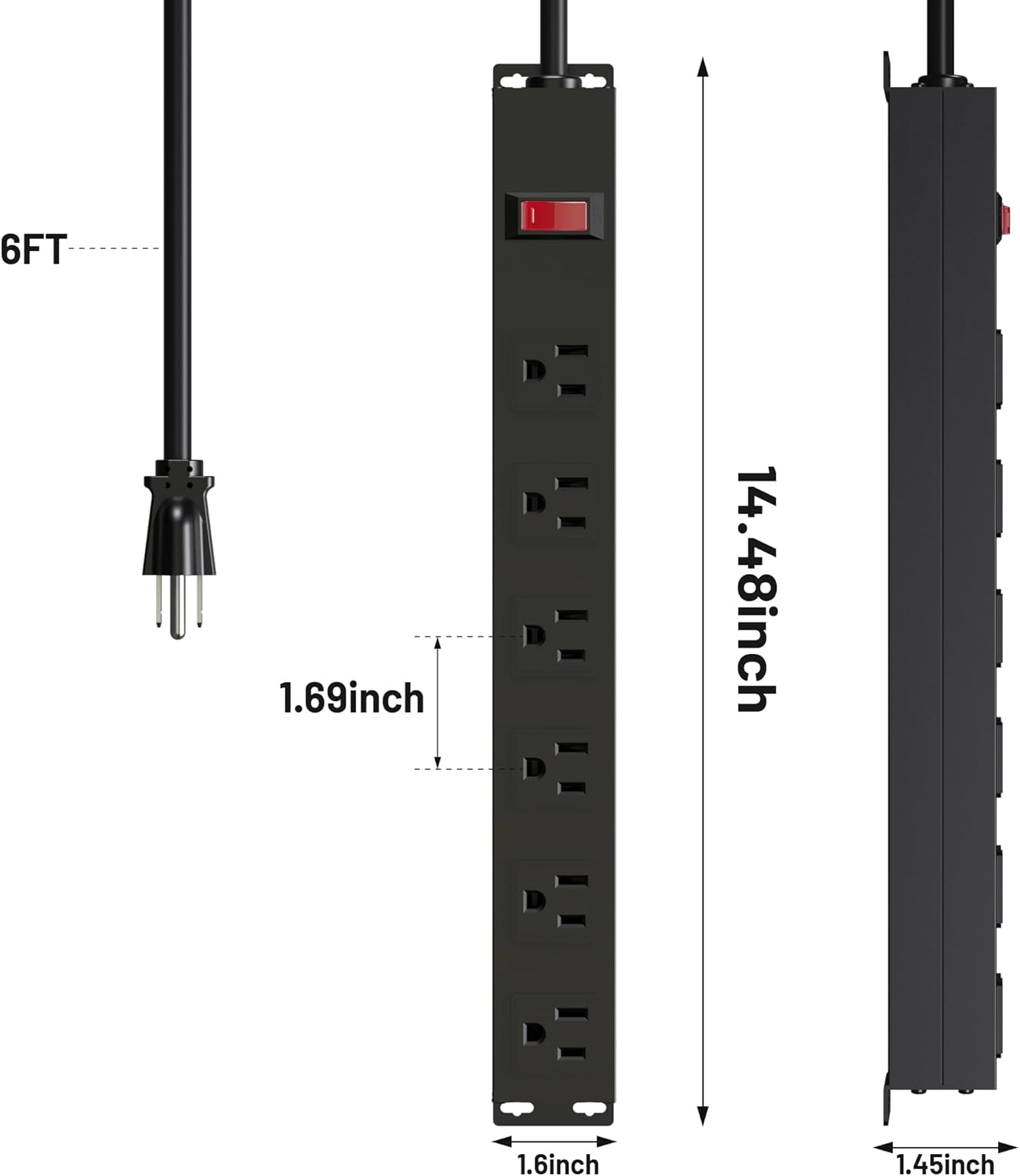 Power Strip with 6AC Outlets 6 Ft UL 14AWG Cord Straight Plug,Metal Wall Mount Heavy Duty Power Strip with Switch for Commercial,Industrial,School and Home,15A/125V/1875W,Black(6FT)