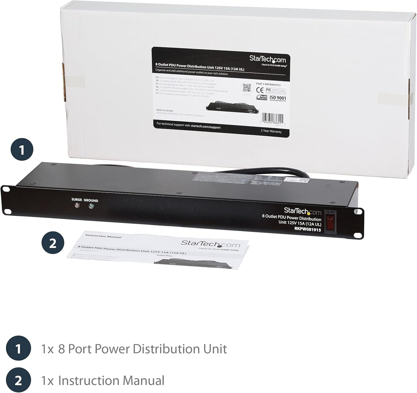 StarTech.com 8 Outlet Horizontal 1U Rack Mount PDU Power Strip for Network Server Racks - Surge Protection - 120V/15A - w/ 6ft Power Cord (RKPW081915)