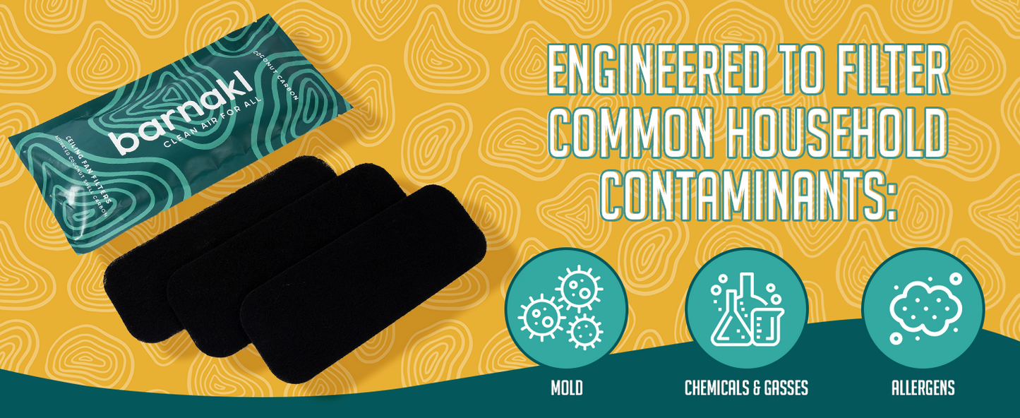 Ceiling Fan Filters | Activated Coconut Shell Carbon Ceiling Fan Blade Filters for Common Household Contaminants | Easy-Stick Universal Fit, Unscented (3-Count)