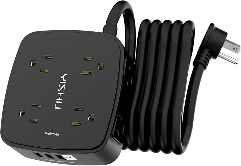 6 Ft Surge Protector Power Strip - 8 Widely Outlets with 4 USB Ports, 3 Side Outlet Extender with 6 Feet Extension Cord, Flat Plug, Wall Mount, Desk USB Charging Station, ETL,White