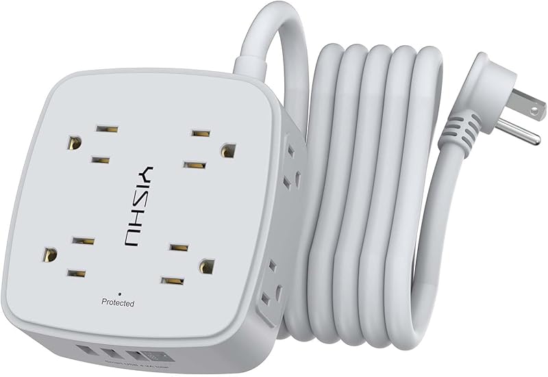 6 Ft Surge Protector Power Strip - 8 Widely Outlets with 4 USB Ports, 3 Side Outlet Extender with 6 Feet Extension Cord, Flat Plug, Wall Mount, Desk USB Charging Station, ETL,White