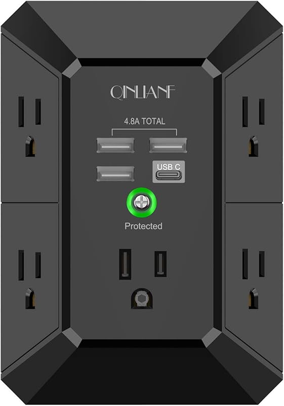Wall Charger, Surge Protector, QINLIANF 5 Outlet Extender with 4 USB Charging Ports (4.8A Total) 3-Sided 1680J Power Strip Multi Plug Adapter Spaced for Home Travel Office (3U1C)