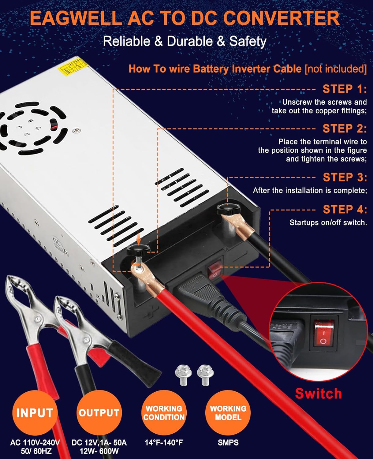 AC to DC Converter 12V Power Supply, Universal SMPS 120V AC to 12V 50A 600W DC Converter Power Supply Transformer Driver Adapter for RV,Pump,LED Strip, LCD Monitor