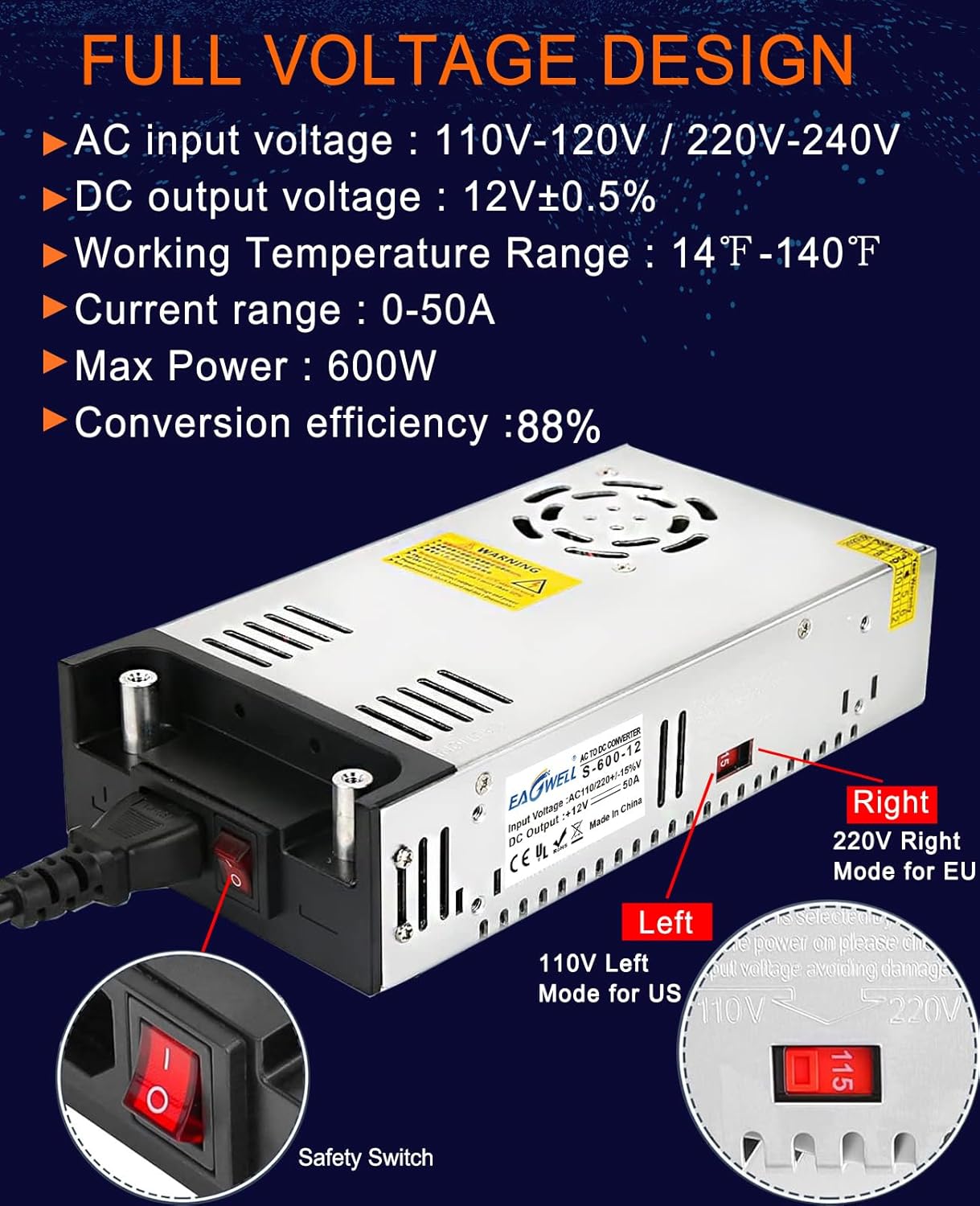 AC to DC Converter 12V Power Supply, Universal SMPS 120V AC to 12V 50A 600W DC Converter Power Supply Transformer Driver Adapter for RV,Pump,LED Strip, LCD Monitor