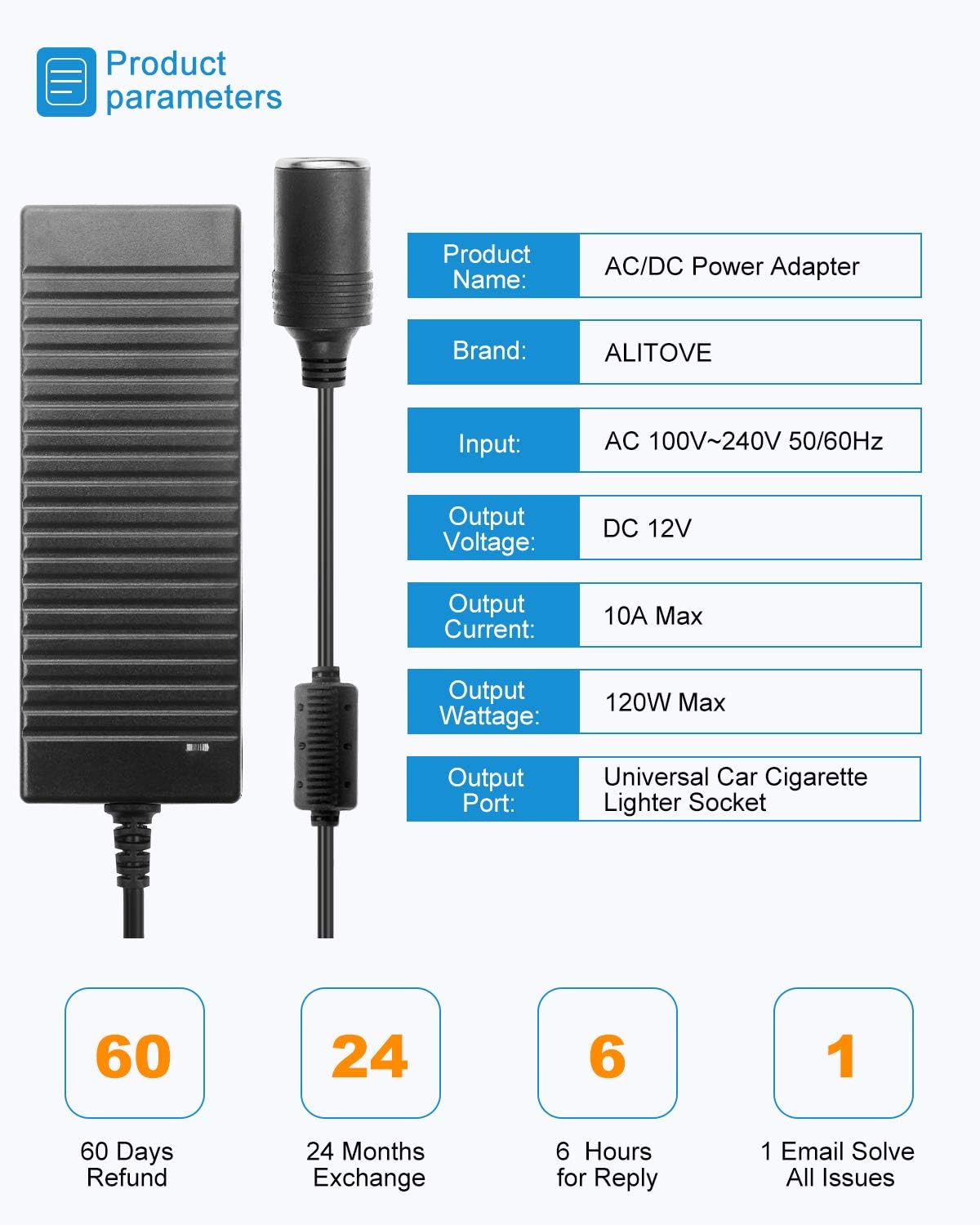 ALITOVE AC to DC Converter 110V to 12V 10A 120W Power Supply Car Cigarette Lighter Adapter to Wall Plug AC to DC Adapter for Car Vacuum Cleaner Inflator Refrigerator Cooler and Other Car Devices
