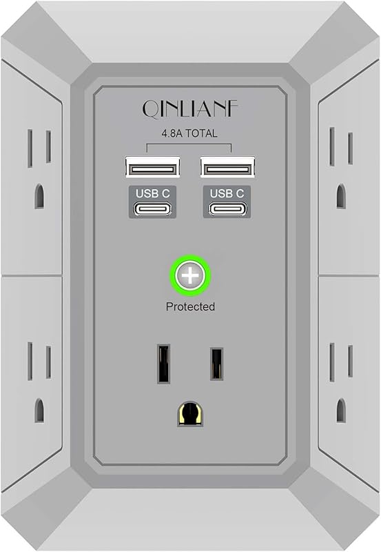 Wall Charger, Surge Protector, QINLIANF 5 Outlet Extender with 4 USB Charging Ports (4.8A Total) 3-Sided 1680J Power Strip Multi Plug Adapter Spaced for Home Travel Office (3U1C)