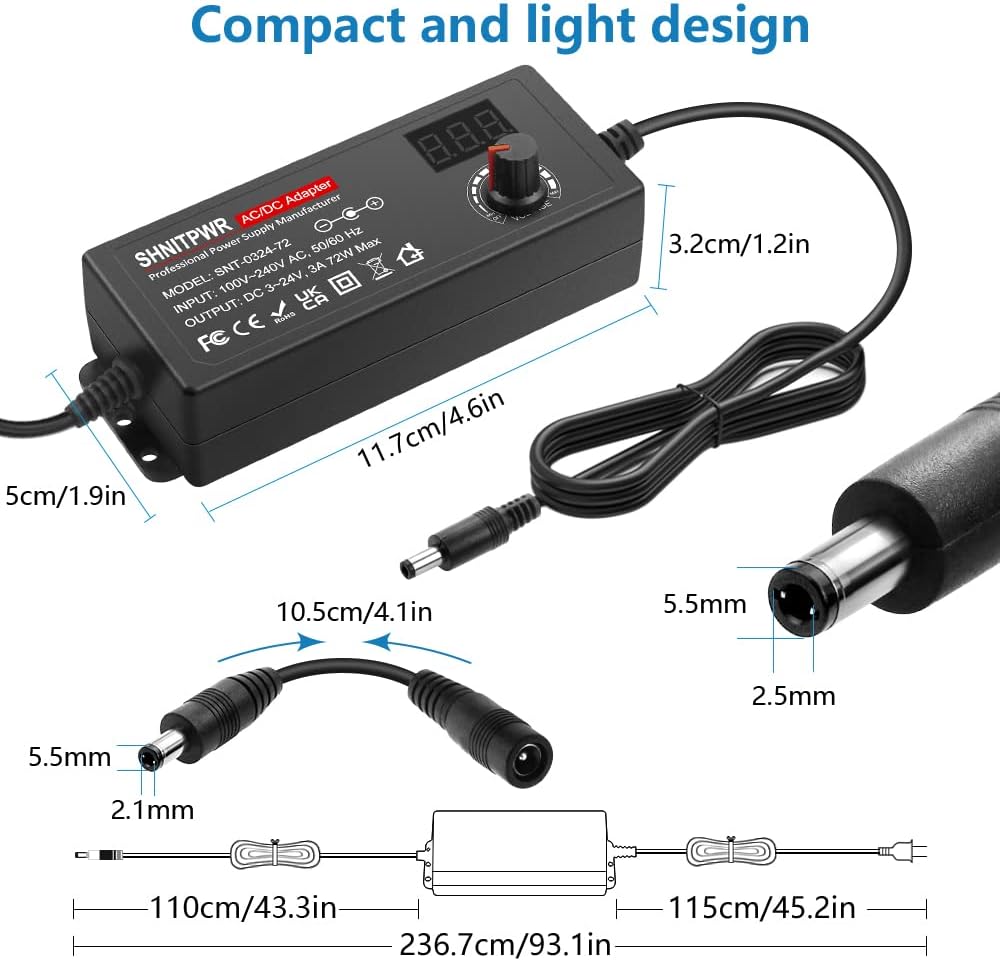 SHNITPWR 3V ~ 24V 3A 72W Power Supply Adjustable DC 3V 5V 6V 9V 12V 15V 16V 18V 19V 20V 24V Variable Universal AC/DC Adapter 100V-240V AC to DC Converter with 14 Tips 5.5x2.5mm 4.0x1.7mm 3.5x1.35mm