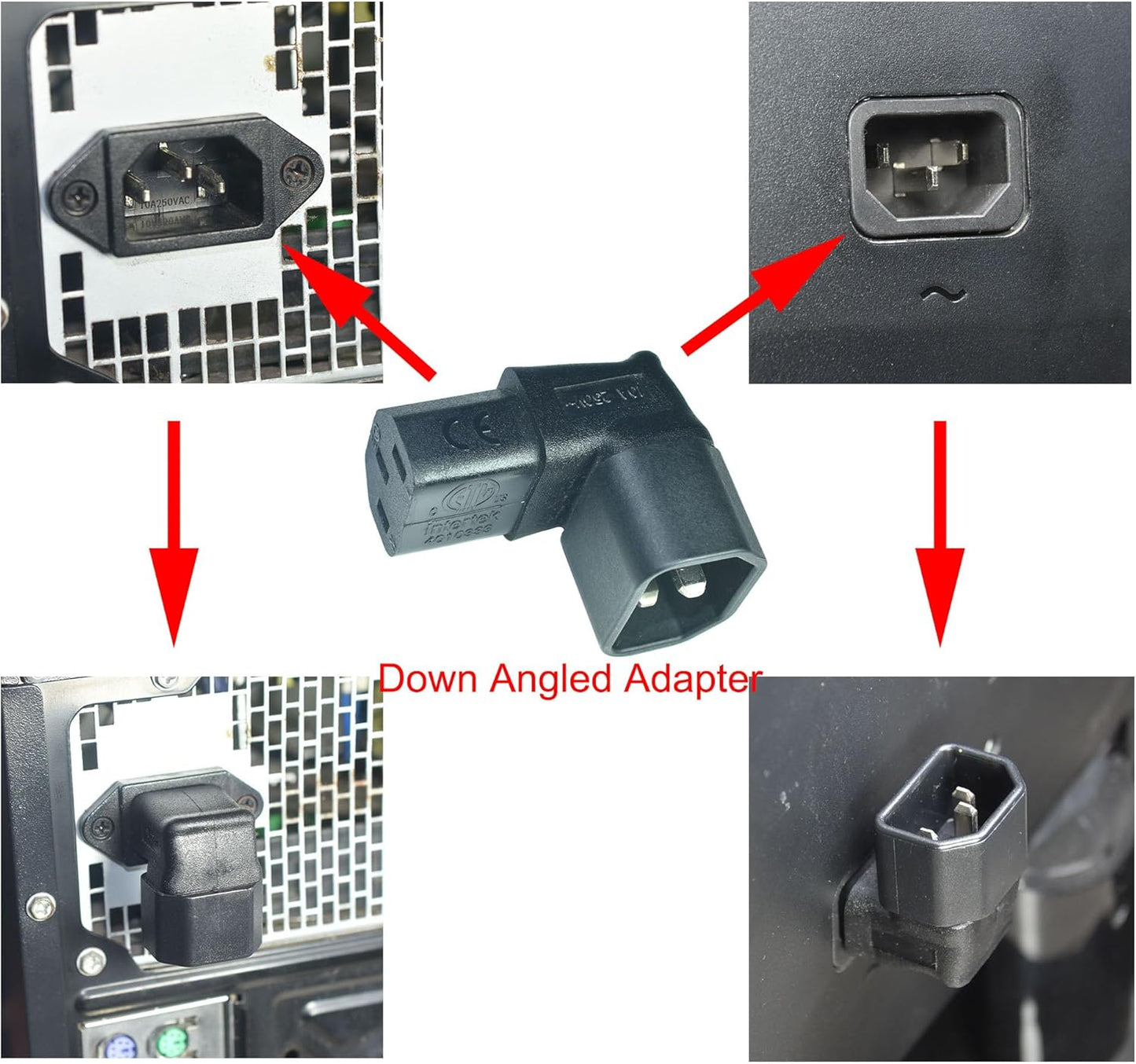 Down Angled IEC 320 C14 to C13 Adapter，Male C14 to 90 Degree Right Angled Female C13 Power Extension Adapter（1-Pack