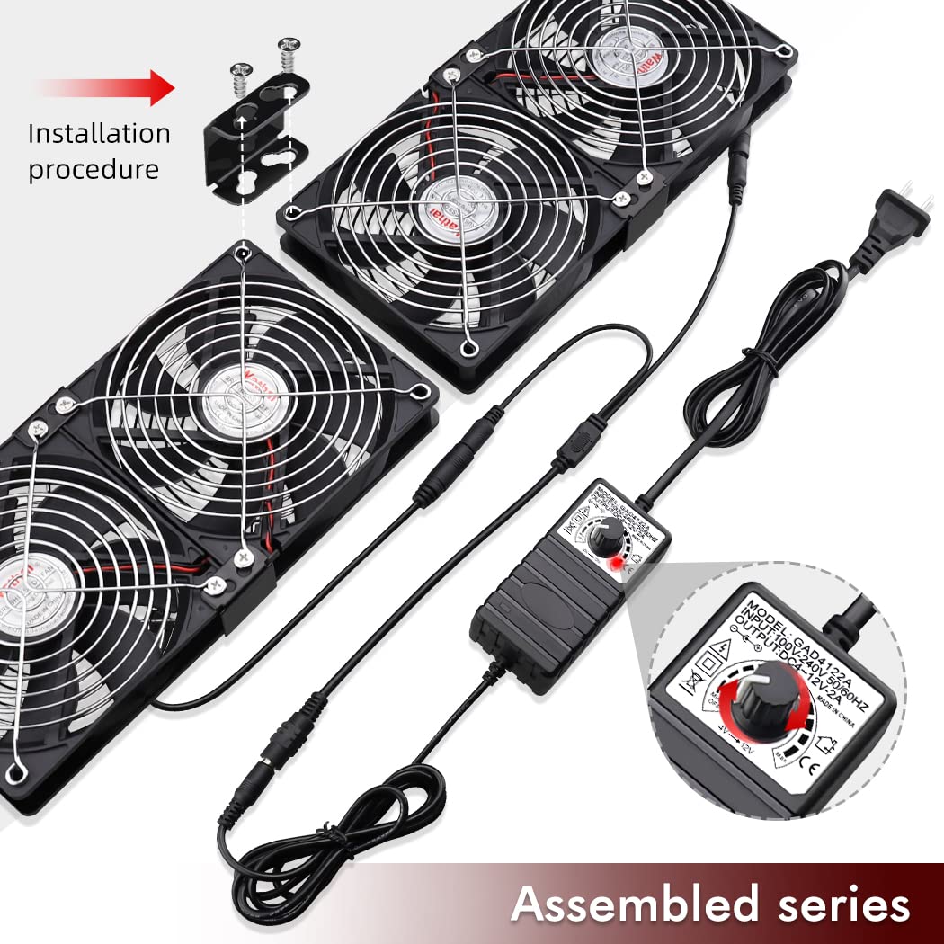 Wathai 4 x 120mm GPU Mining Rigs Server Racks Fan with 100V - 240V AC Power Variable Speed Control, Big Airflow for DIY Cooling and Ventilation AV Cabinets, TVs Routers. Audio Amplifier, Refrigerator