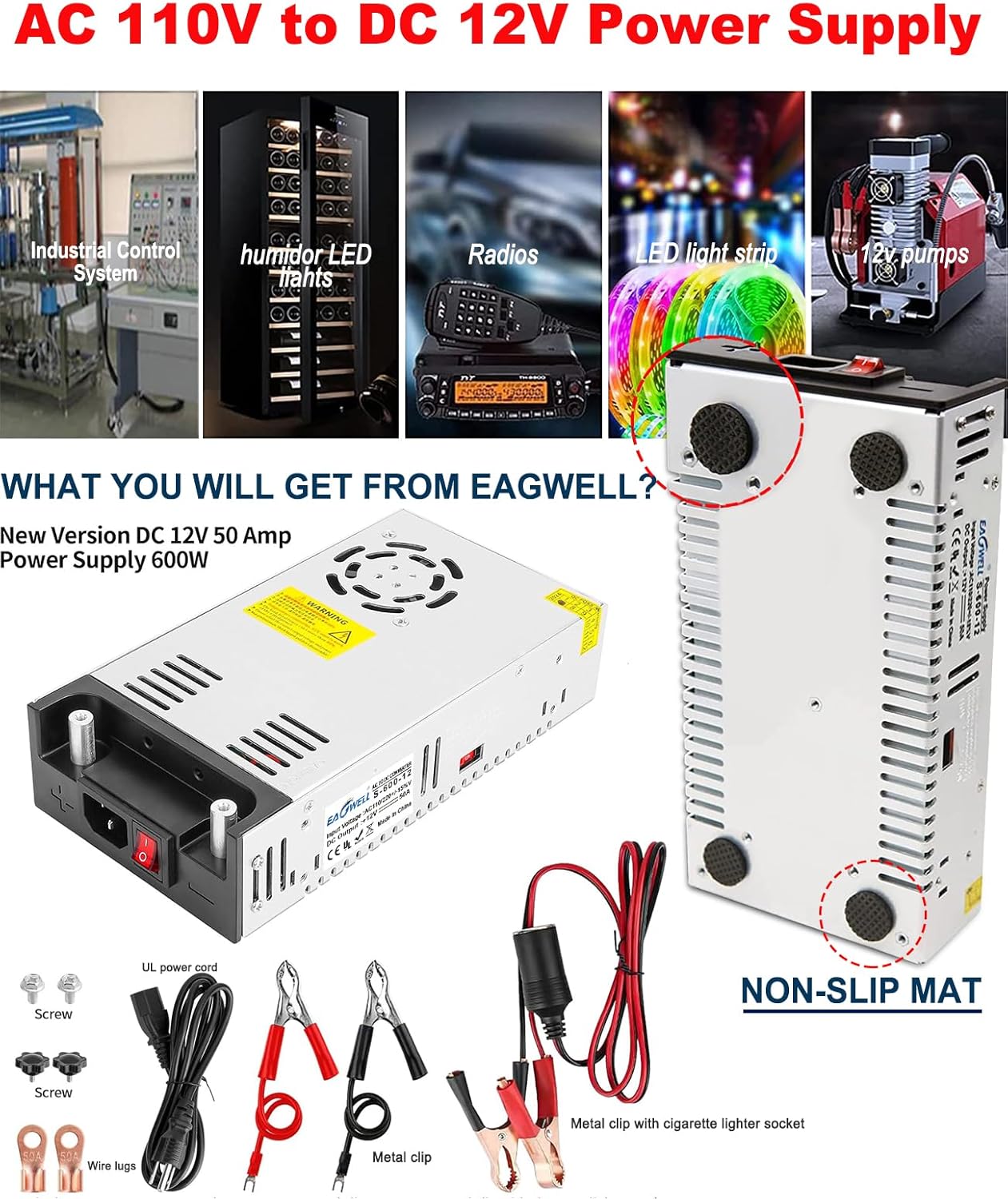 AC to DC Converter 12V Power Supply, Universal SMPS 120V AC to 12V 50A 600W DC Converter Power Supply Transformer Driver Adapter for RV,Pump,LED Strip, LCD Monitor