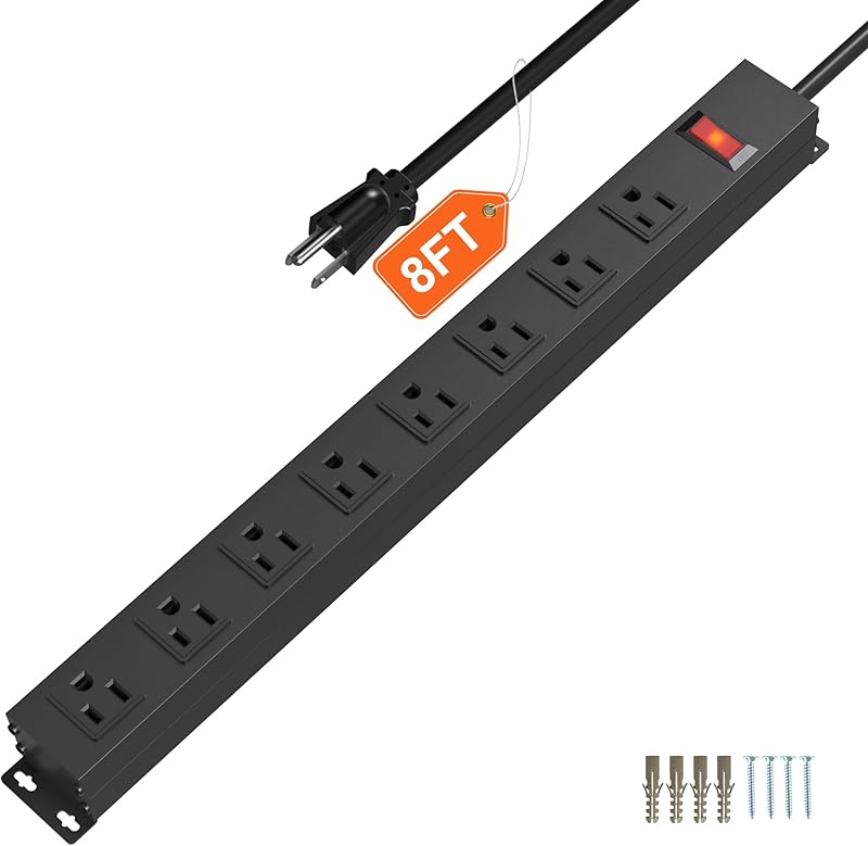 Power Strip with 6AC Outlets 6 Ft UL 14AWG Cord Straight Plug,Metal Wall Mount Heavy Duty Power Strip with Switch for Commercial,Industrial,School and Home,15A/125V/1875W,Black(6FT)