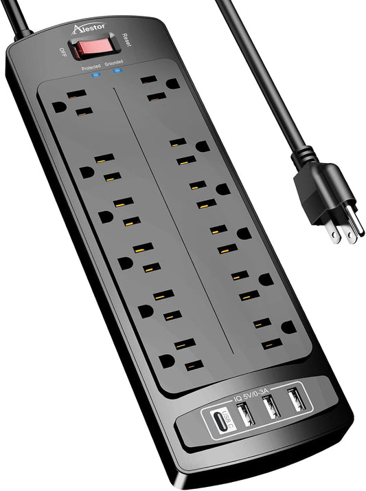 Power Strip, ALESTOR Surge Protector with 12 Outlets and 4 USB Ports, 6 Feet Extension Cord (1875W/15A), 2700 Joules, ETL Listed, Black