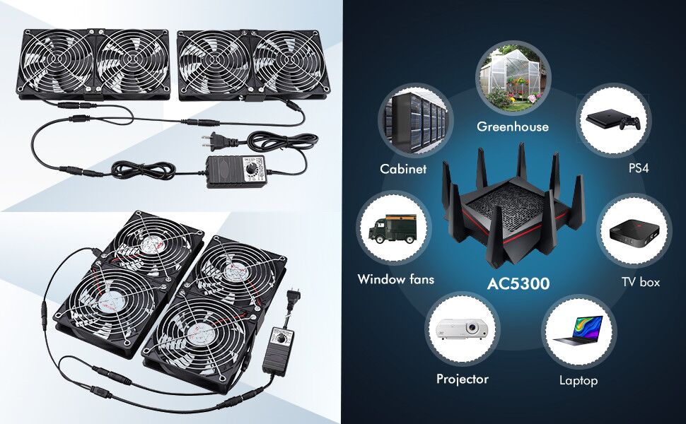 Wathai 4 x 120mm GPU Mining Rigs Server Racks Fan with 100V - 240V AC Power Variable Speed Control, Big Airflow for DIY Cooling and Ventilation AV Cabinets, TVs Routers. Audio Amplifier, Refrigerator