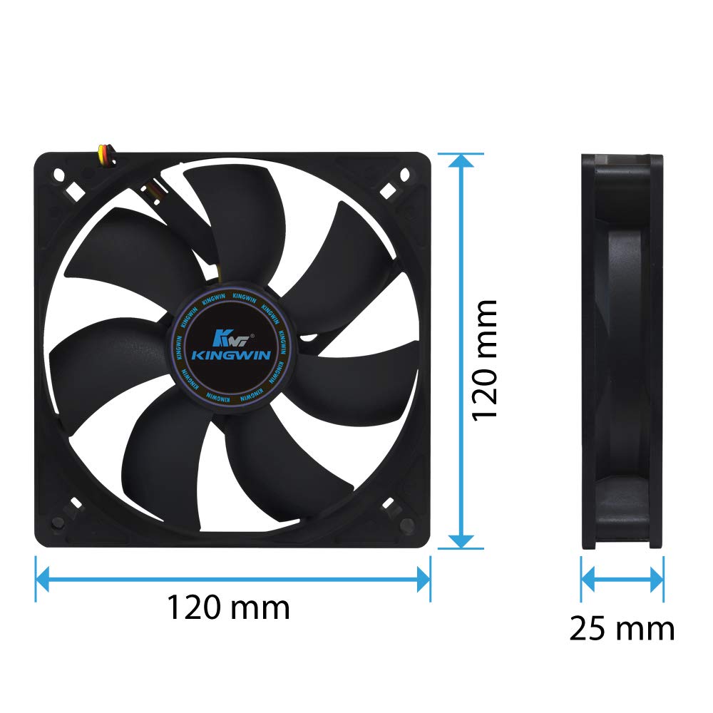 Kingwin 120mm Silent Fan for PC Cases, CPU Coolers, Mining Rigs – Quiet Computer Cooling Fan with Long Life Sleeve Bearing, High Airflow Ventilation – Black CF-012LB
