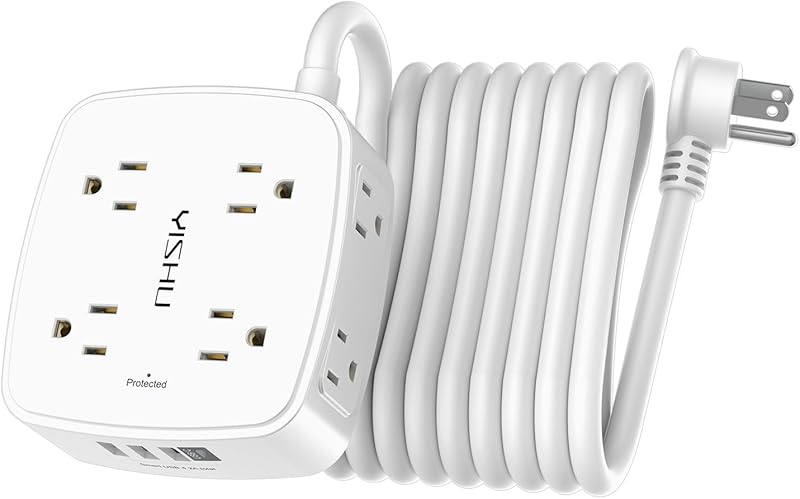 6 Ft Surge Protector Power Strip - 8 Widely Outlets with 4 USB Ports, 3 Side Outlet Extender with 6 Feet Extension Cord, Flat Plug, Wall Mount, Desk USB Charging Station, ETL,White