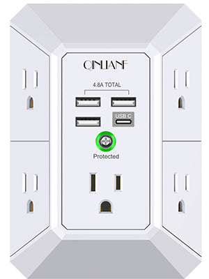 Wall Charger, Surge Protector, QINLIANF 5 Outlet Extender with 4 USB Charging Ports (4.8A Total) 3-Sided 1680J Power Strip Multi Plug Adapter Spaced for Home Travel Office (3U1C)