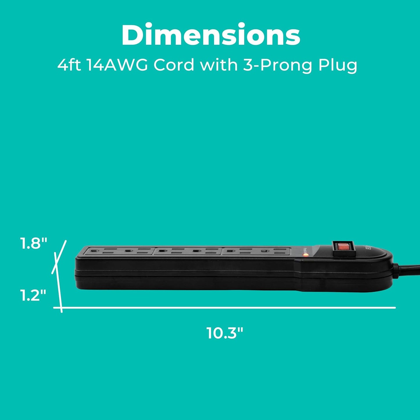 KMC 6-Outlet Surge Protector Power Strip 2-Pack, 900 Joules, 4-Foot Extension Cord, Overload Protection, Black