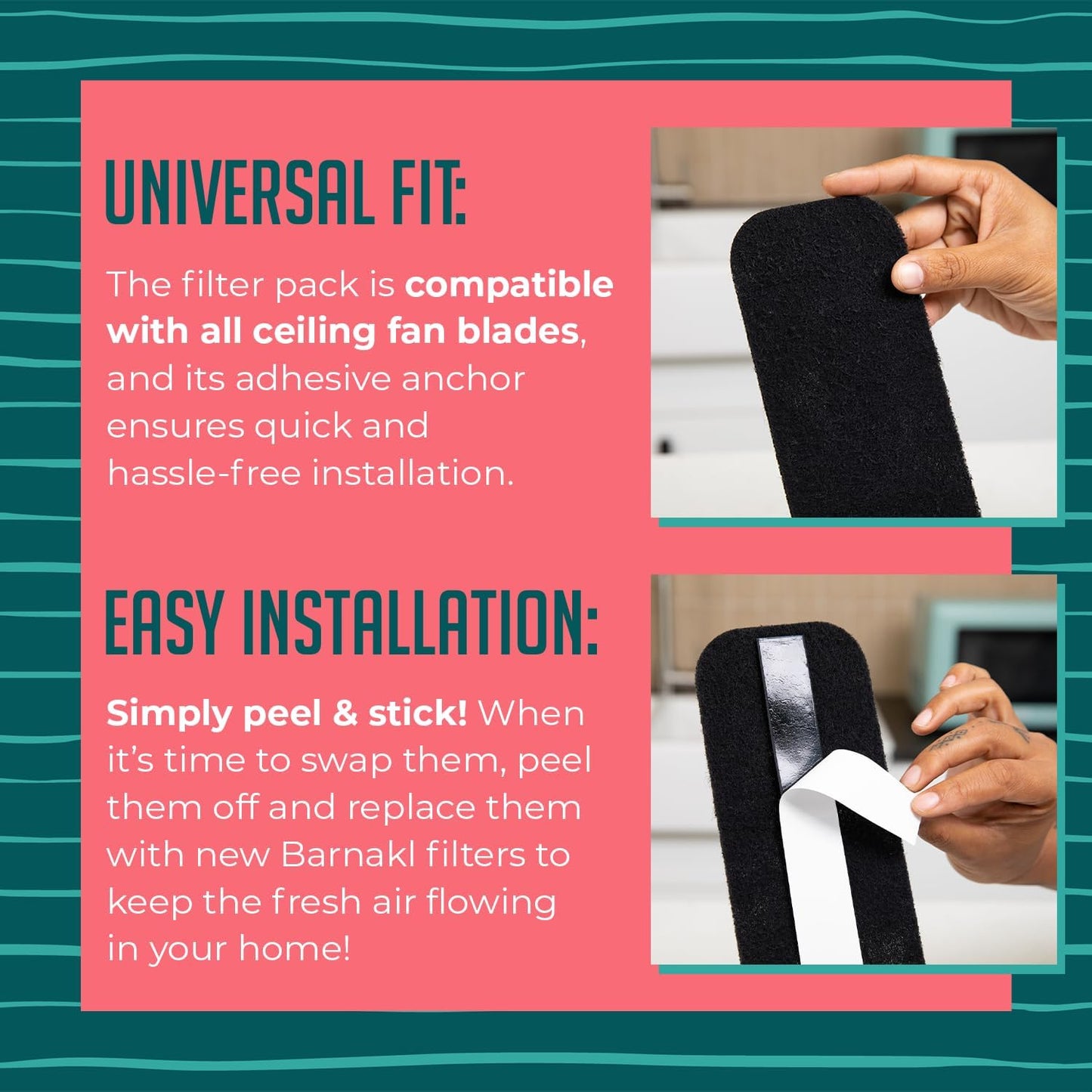 Ceiling Fan Filters | Activated Coconut Shell Carbon Ceiling Fan Blade Filters for Common Household Contaminants | Easy-Stick Universal Fit, Unscented (3-Count)