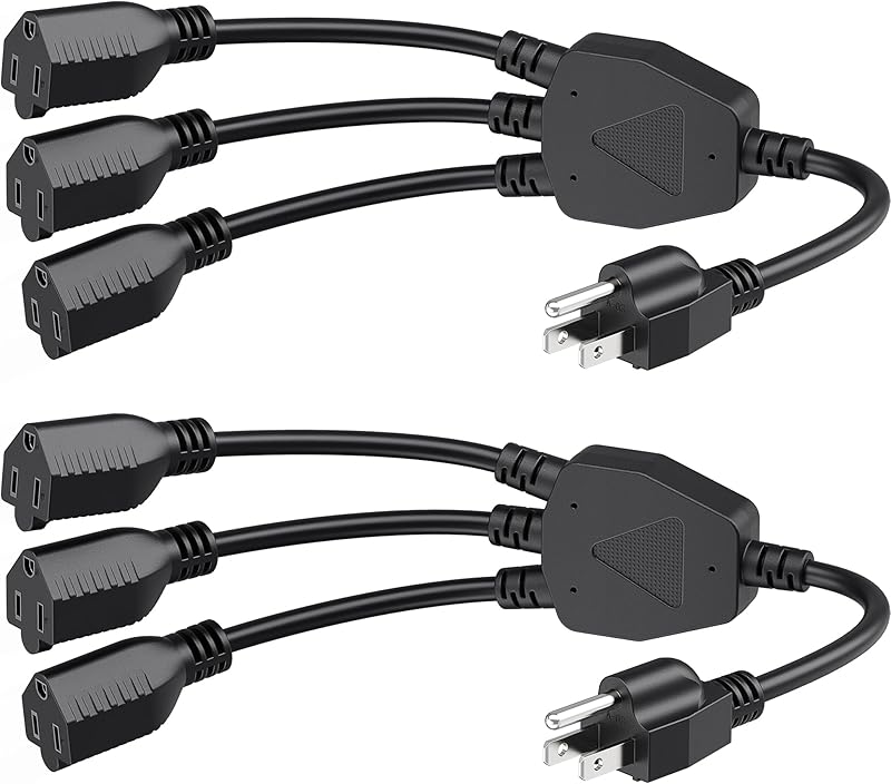 Cable Matters 2-Pack 4 Outlet Power Splitter Cord - 1.5ft, NEMA 5-15P to NEMA 5-15R Y Power Cord Splitter, 16 AWG Outlet Saver, 4 Way ExtensionCord, 1.5 Feet