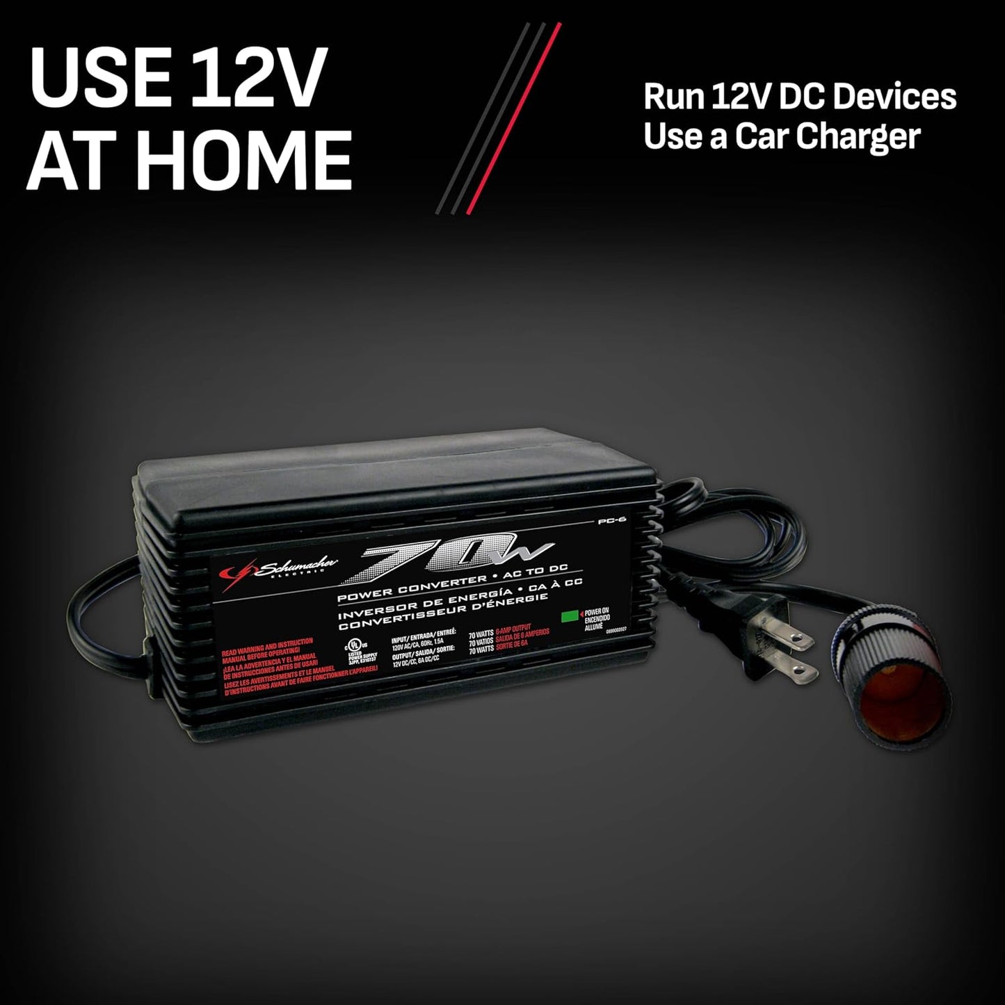 Schumacher Electric AC to DC Power Converter, PC-6, 70 Continuous Watts, 140 Peak Watts, 12 Volt DC Accessory Port, Plugs into Household AC Outlets