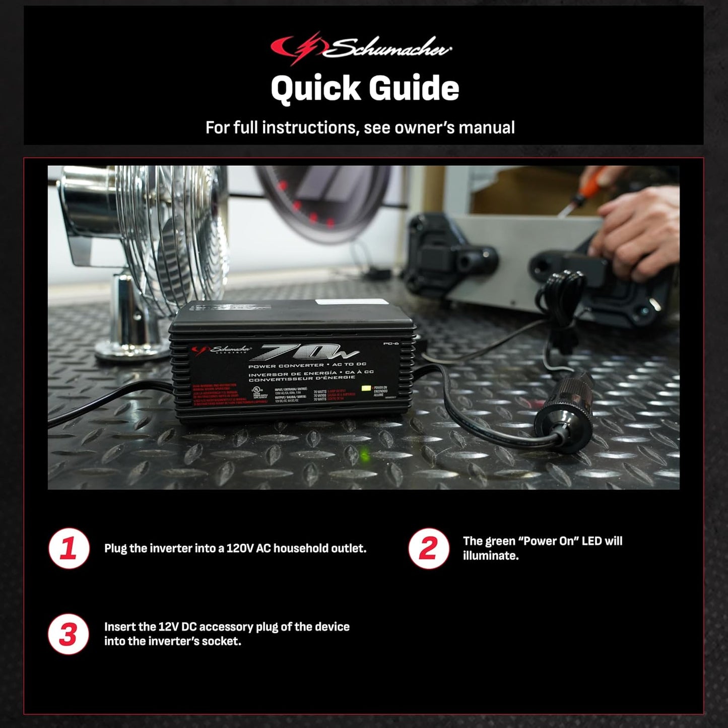 Schumacher Electric AC to DC Power Converter, PC-6, 70 Continuous Watts, 140 Peak Watts, 12 Volt DC Accessory Port, Plugs into Household AC Outlets