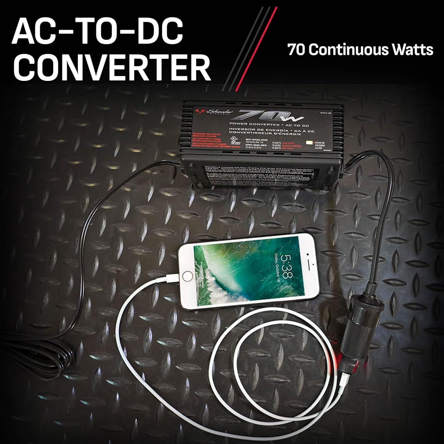 Schumacher Electric AC to DC Power Converter, PC-6, 70 Continuous Watts, 140 Peak Watts, 12 Volt DC Accessory Port, Plugs into Household AC Outlets