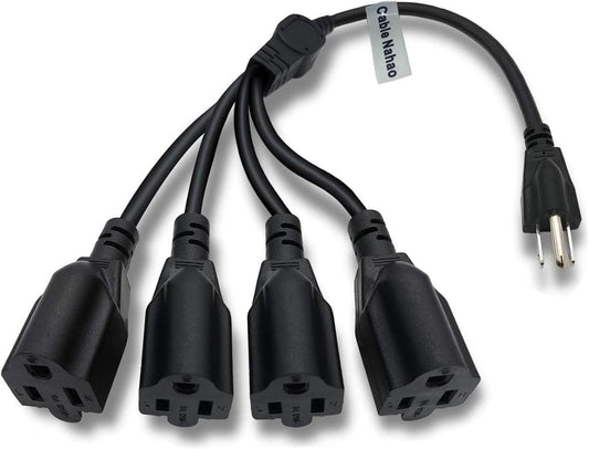 Cable Nahao 3 Prong 1 to 4 Outlet Power Cord Splitter Cord,Indoor Outdoor Cable Strip Outlet Saver,Power Extension Cable,SJT 16AWG,ETL Approved for Computer, LED Stage Light(20 Inch, Black)